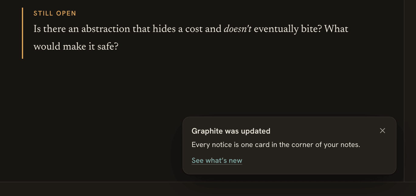 The What’s new card in the bottom right corner of a note, with a link to see what’s new