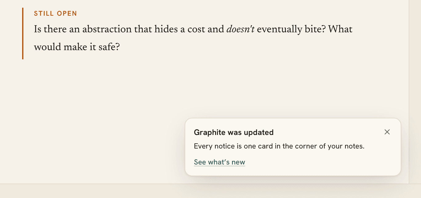 The What’s new card in the bottom right corner of a note, with a link to see what’s new