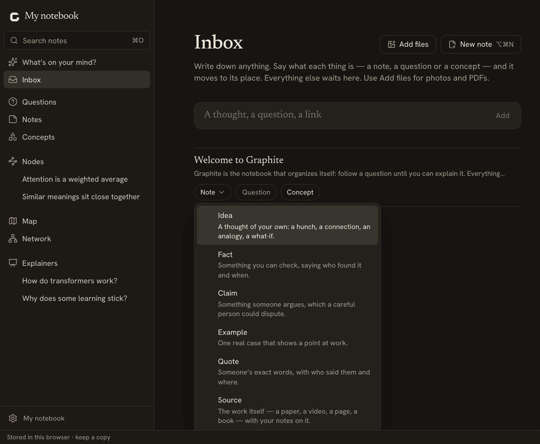 The Inbox under What’s on your mind?, and a note in it with What is it? open on the six note types