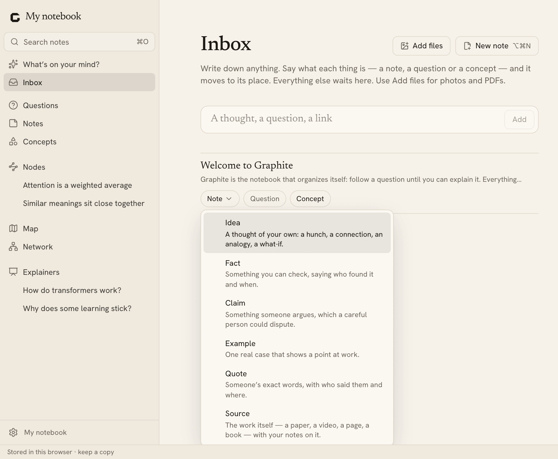 The Inbox under What’s on your mind?, and a note in it with What is it? open on the six note types