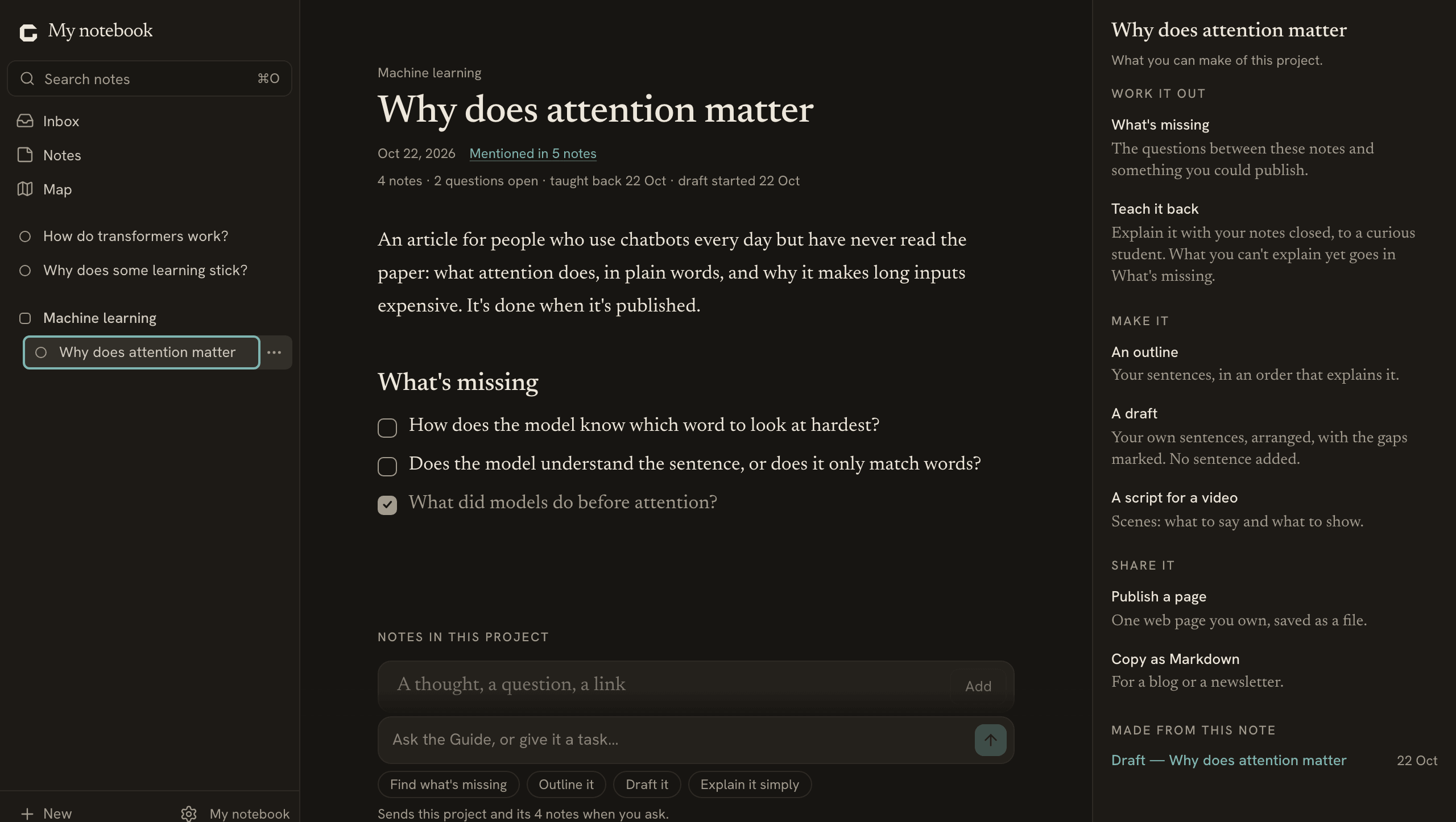 Topics and projects in the sidebar, a project's page with what's missing, and Actions beside it