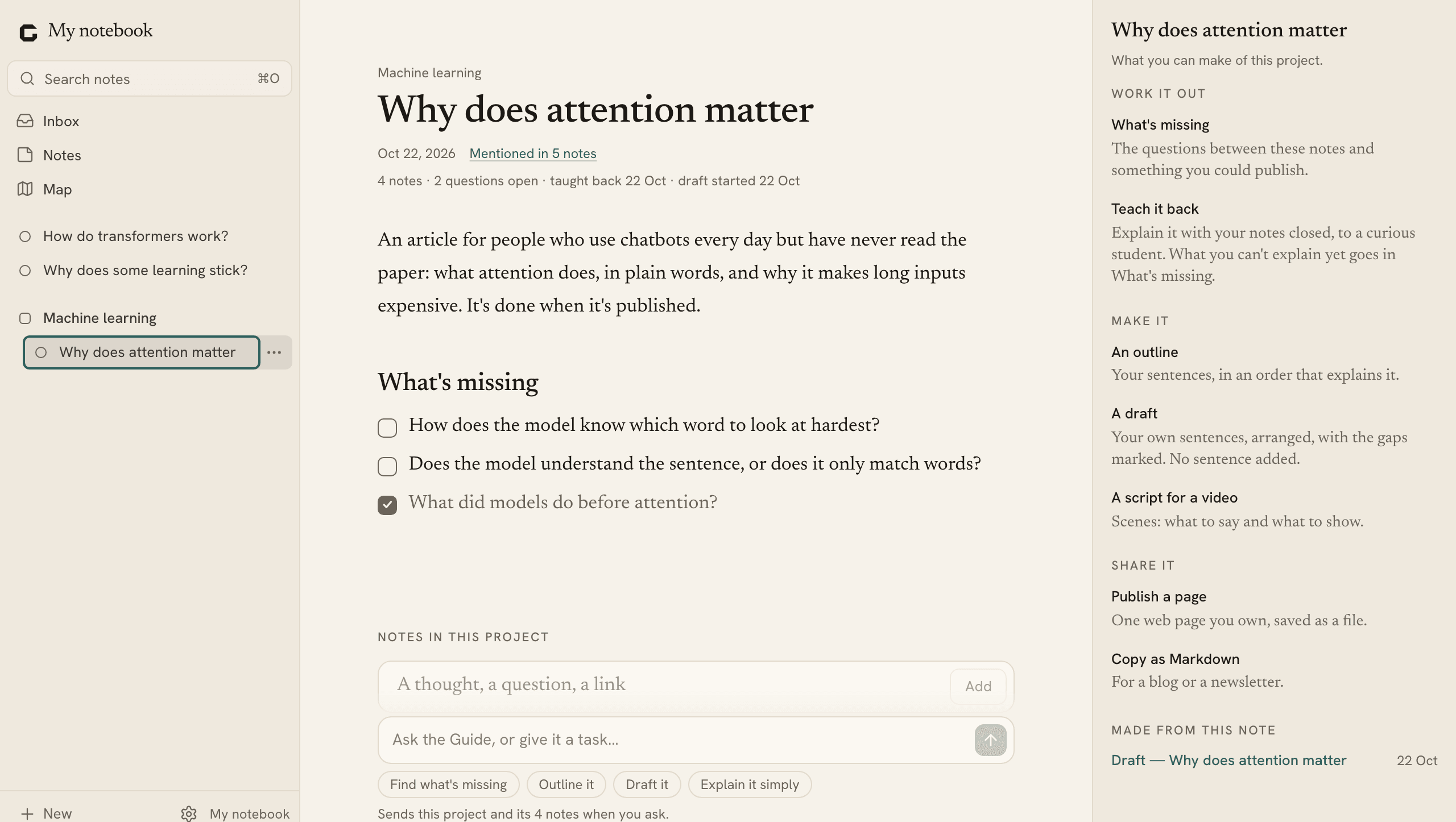 Topics and projects in the sidebar, a project's page with what's missing, and Actions beside it