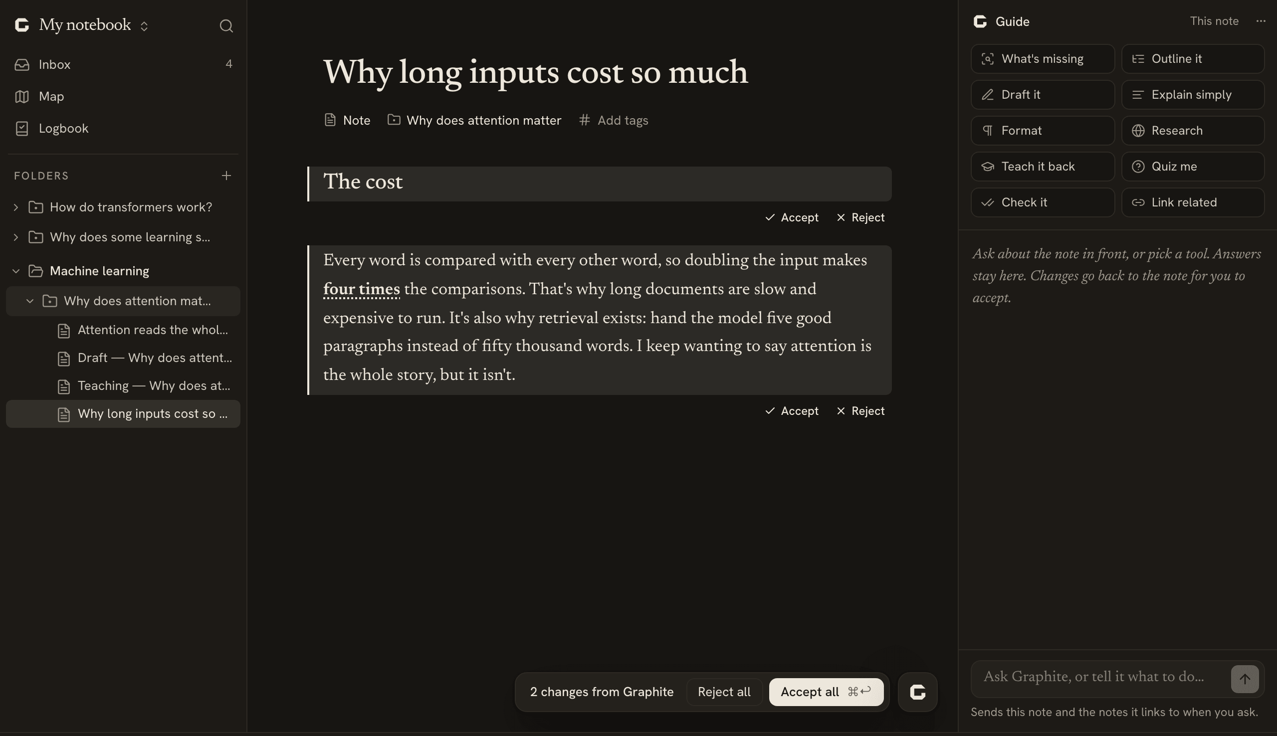 The sidebar's folders, a note with Format's changes to accept or reject, and the Guide's tools
