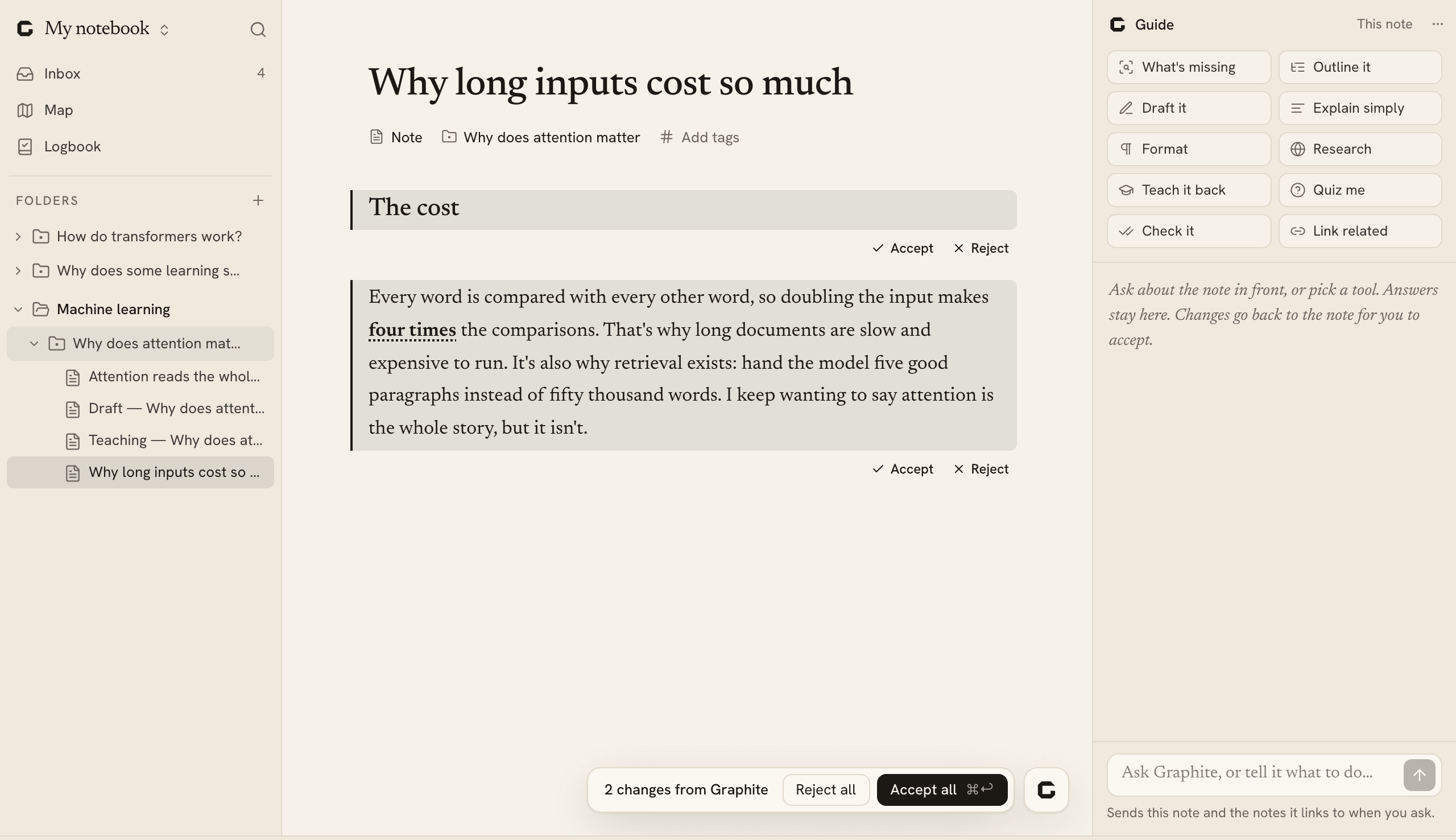 The sidebar's folders, a note with Format's changes to accept or reject, and the Guide's tools